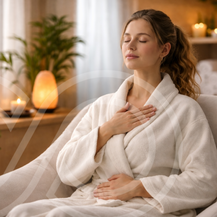 Woman resetting her nervous system with deep breathing ang meditation