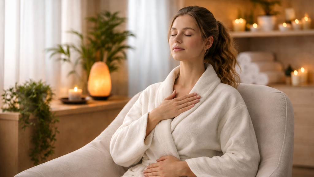 Woman resetting her nervous system with deep breathing ang meditation